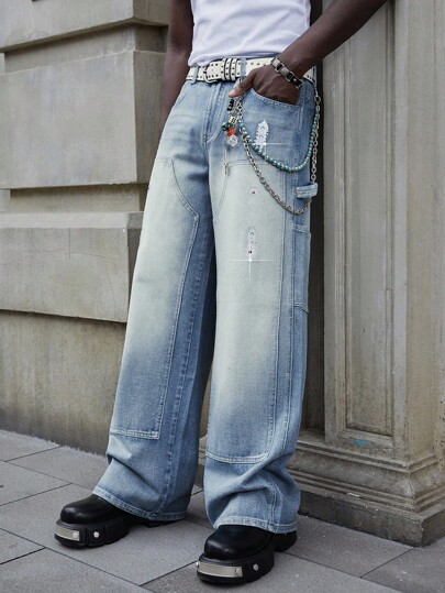 Street Life بنطلون جينز فضفاض للرجال مزين بالراين ستون