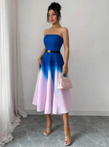 Rafferiza Women's Elegant Ombre Print Empire Waist High Low Peplum Dress - Multicolor - View 4