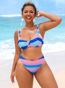 Swim Vcay Conjunto de 2 piezas de traje de baño de mujer talla grande con estampado de líneas geométricas aleatorias y sujetador con aros - Multicolor - Ver 7