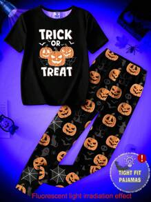 青少年男童睡衣 UV 灯夜光万圣节南瓜印花黑色针织圆领上衣和紧身南瓜印花裤两件套，万圣节礼物，建议订购大一码 - 黑色 - 查看 4