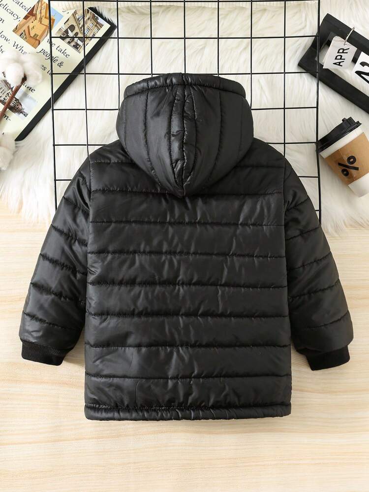 SHEIN Young Boys Casual Thick Thermal Lined Hooded Zip-Up Parka Coat, Suitable For School, Garden, Beach, Birthday, Spring, Summer, Autumn, Winter - Black - View 3