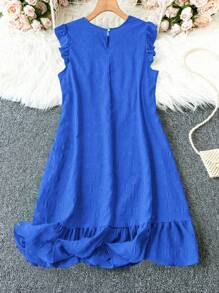 DreamSkyne Plus Size Women's Solid Color Round Neck Cap Sleeve Casual Dress - Blue - View 2