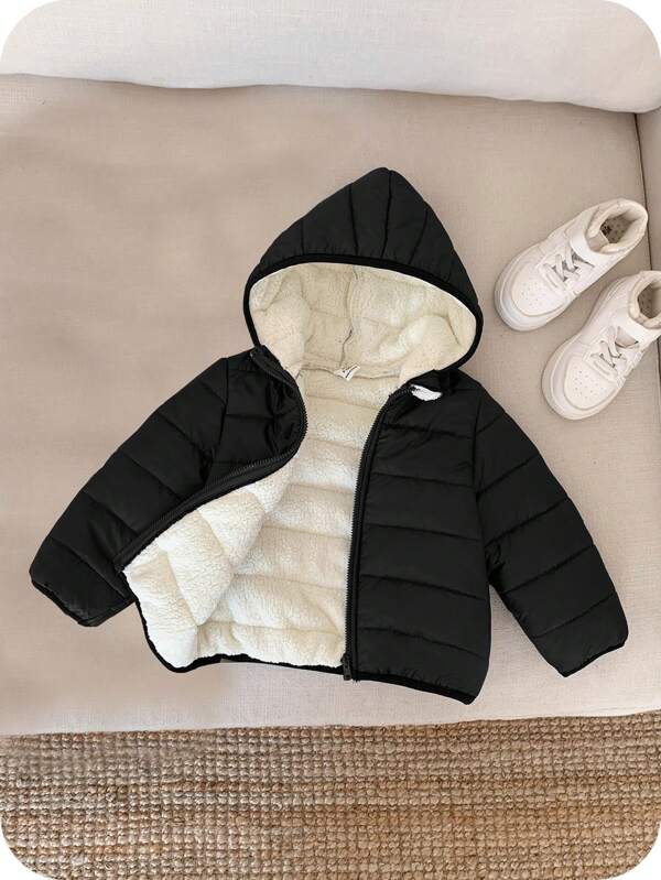 SHEIN Abrigo con capucha con cremallera, forrado térmico grueso y cálido para bebé niño, apto para jugar en la nieve, esencial invernal casual