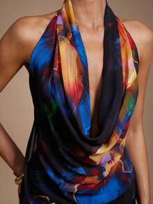 Hauture Women's Sexy Abstract Floral Chiffon Draped Cowl Neck Backless Halter Top