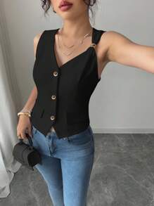 Elenzga Women's Fashionable Solid Color High-End Blouse, Professional Commute Style Full Open Faux Pocket Vest Top