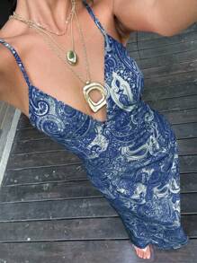 SHEIN Unity Paisley Print V-Neck Backless Tie-Up Button Designed Maxi Slip Dress - Navy Blue - View 7
