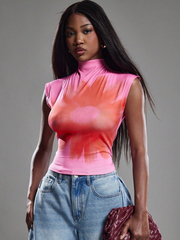 NYA SZN Top Short Sleeve Mock Turtle Neck Cropped Flower Detail Casual Everyday Brunch Spring Summer Tops For Women