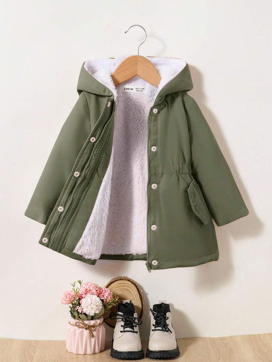 SHEIN 女嬰秋冬連帽長款加厚棉襖大衣,軍綠色保守休閒百搭女童俱樂部外套,附裝飾口袋,保暖秋季外套 - 彩色 - 查看 1