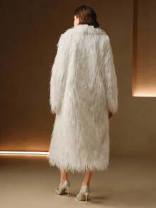 Anewsta 女式长翻领长袖口袋白色仿皮草宽松时尚休闲外套，秋冬 - 白色 - 查看 7