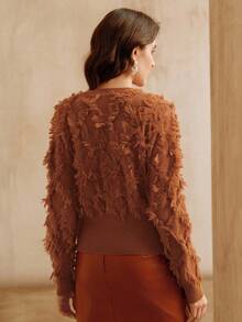 Anewsta Fashionable Fringe V-Neck Long Sleeve Knit Cardigan,Loose Flattering Design,Rust Brown,Autumn,Chic,Tea Party,Suitable For Fall,Winter,New Year,Elegant - Brown - View 6