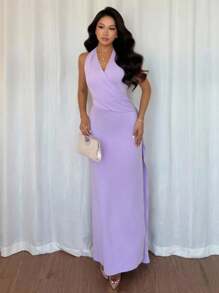 交叉领腰褶饰连衣裙 - 紫色 - 查看 5