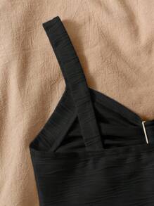 SHEIN LUNE Soleia Vacation V 领花卉金属扣白色针织纹理修身女式背心，适合度假、音乐节、波西米亚风格、节假日、下午茶约会 - 黑色 - 查看 5