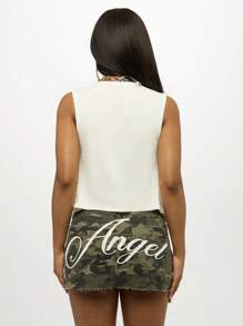 SUMWON WOMEN 无袖系带露脐背心，深V领，适合夏季节日叠穿，沙滩休闲打结上衣，节日假日派对必备 - 白色 - 查看 2