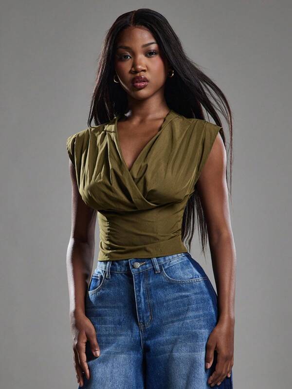 NYA SZN Tops Short Sleeve Plunge Neck Corset Detail Tie Detail Crop Top Event Date Wedding Guest Bridal Party Everyday Casual Spring Summer Tops For Women