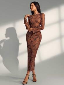 Almamuse Vestido largo ajustado con mangas divididas y estampado floral ditsy de malla para mujer