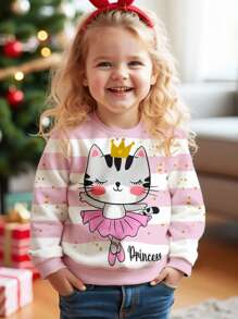 SHEIN 可爱芭蕾猫印花，粉色条纹，年轻女孩休闲宽松圆领柔软日常针织长袖运动衫，适合秋冬季 - 彩色 - 查看 4