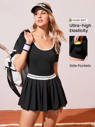 CourtClass 女式夏季撞色圆领弹力腰褶边运动连衣裙