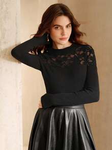 Anewsta Suéter elegante y delgado de mujer con cuello alto, parches de encaje y calado - Negro - Ver 4