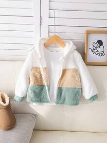 SHEIN 男宝宝/女宝宝休闲可爱撞色蓬松连帽长袖夹克，秋冬 - 彩色 - 查看 1