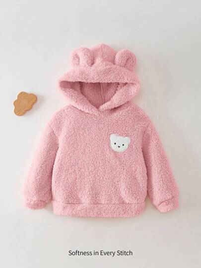 Cozy Pixies Camiseta de punto con capucha de felpa con diseño de oso de dibujos animados para niña bebé