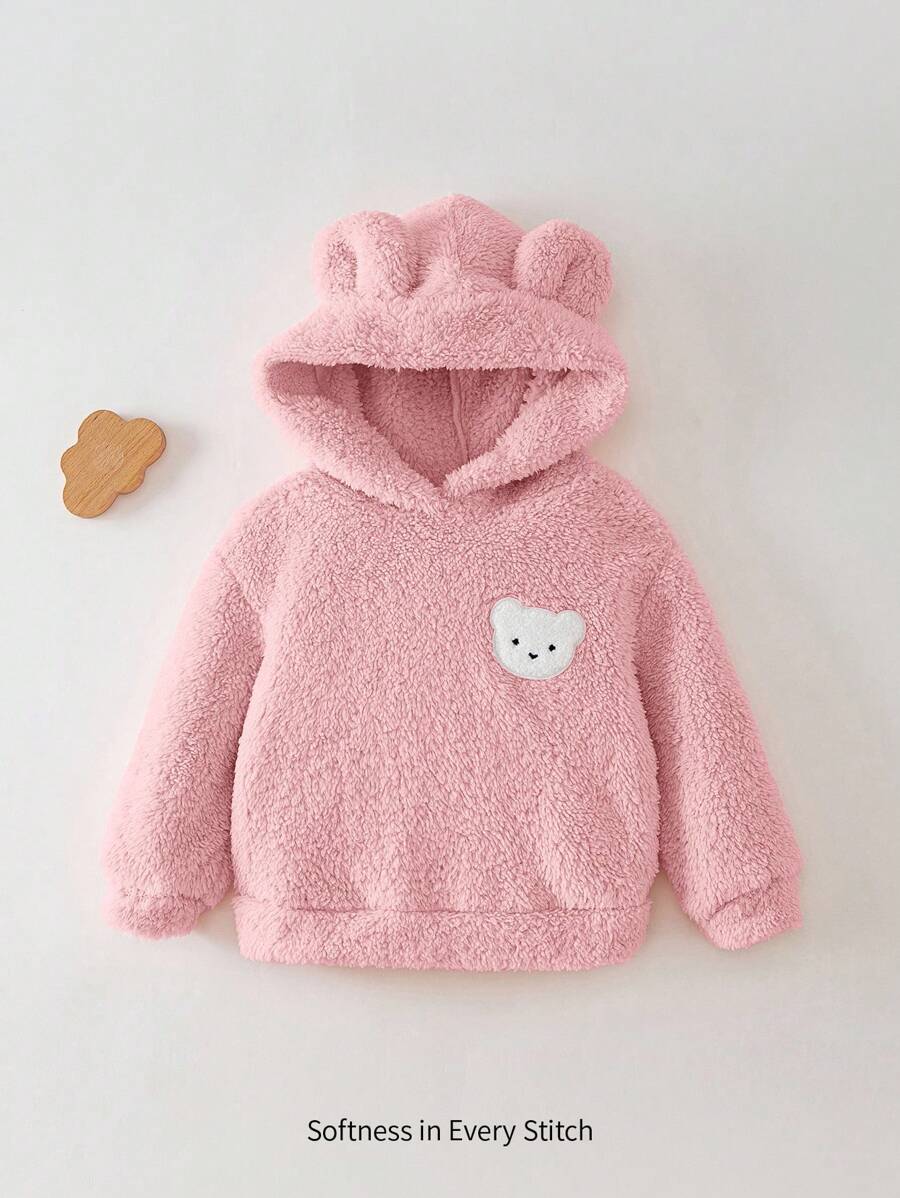 Cozy Pixies 女婴卡通熊耳朵连帽羊毛套头衫 - 藕粉色 - 查看 1