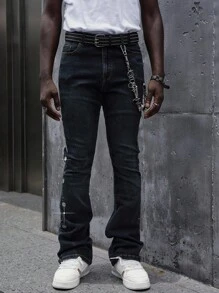 ROMWE MEN Street Life Spring/Summer Casual Men'S Sparkling Diamond Layered Flare Jeans - Dark Wash - View 7