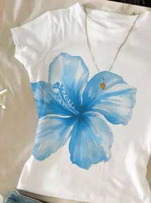 SHEIN 青少年女孩时尚热带蓝色花卉芙蓉、鸡蛋花、海滨印花修身休闲简约舒适圆领长袖 T 恤，适合夏季，夏季，轻松舒适，秋季儿童分层，时尚儿童，休闲装，儿童图案，返校，秋季，返校节女童花衬衫花衬衫青少年儿童夏季花卉上衣蓝色芙蓉衬衫女童芙蓉衬衫