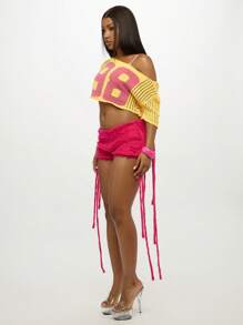 SUMWON WOMEN 露肩渔网短款上衣，校园风98号印花，夏季节日沙滩装，Y2K时尚街头服饰，网眼短袖 - 黃色 - 查看 5