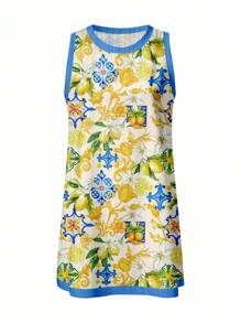 SHEIN EZwear 女士休闲无袖迷你连衣裙，意大利柠檬印花，浪漫，迈阿密女孩，岛屿女孩，海滩，音乐节，乡村海滨度假风格，适合夏季度假 - 彩色 - 查看 2