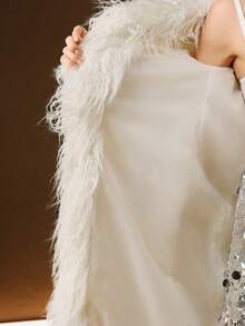 Anewsta 女式长翻领长袖口袋白色仿皮草宽松时尚休闲外套，秋冬 - 白色 - 查看 11