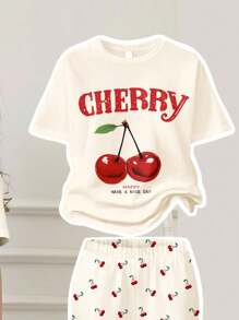 SHEIN Leap Crew 2 piezas Set de camiseta de manga corta holgada de cuello redondo con estampado de cereza vintage blanco y niña preadolescente, y pantalones acampanados ajustados, adecuado para todas las estaciones - Outfits de verano para comodidad fácil, capas de otoño para niños, niños estilosos, uso casual, ropa gráfica para niñas, vuelta al colegio, prendas de Otoño, regreso a casa