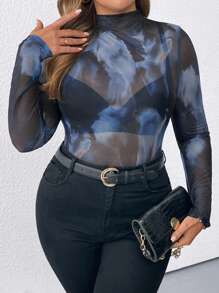 SHEIN LUNE Plus Size Women Abstract Mesh Sheer Blouse - Multicolor - View 7