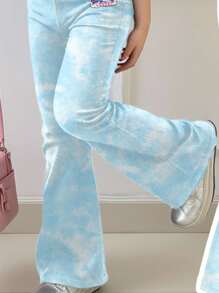 SHEIN 2 件套可爱卡通蓝色兔子露露，针迹图案，扎染天蓝色青少年女孩休闲简约短袖圆领 T 恤和喇叭裤套装，夏季服装，轻松舒适，儿童秋季分层，时尚儿童，休闲装，儿童图案服装，返校，秋季服装，返校节 - 淺藍色 - 查看 4