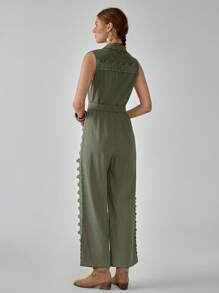 Florisole Jumpsuit Kasual Gaya Boho Warna Polos dengan Patchwork Renda Berongga Tanpa Lengan Kerah Lipat Pinggang Tinggi Kaki Lebar - Hijau - View 2