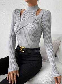 Chiquease 镂空环绕交叉罗纹针织毛衣、长袖上衣