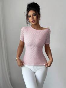 Elenzga Women's Pastel Color Jacquard Lace Asymmetrical Neckline Metal Buckle Decor Short Sleeve T-Shirt - Pink - View 4