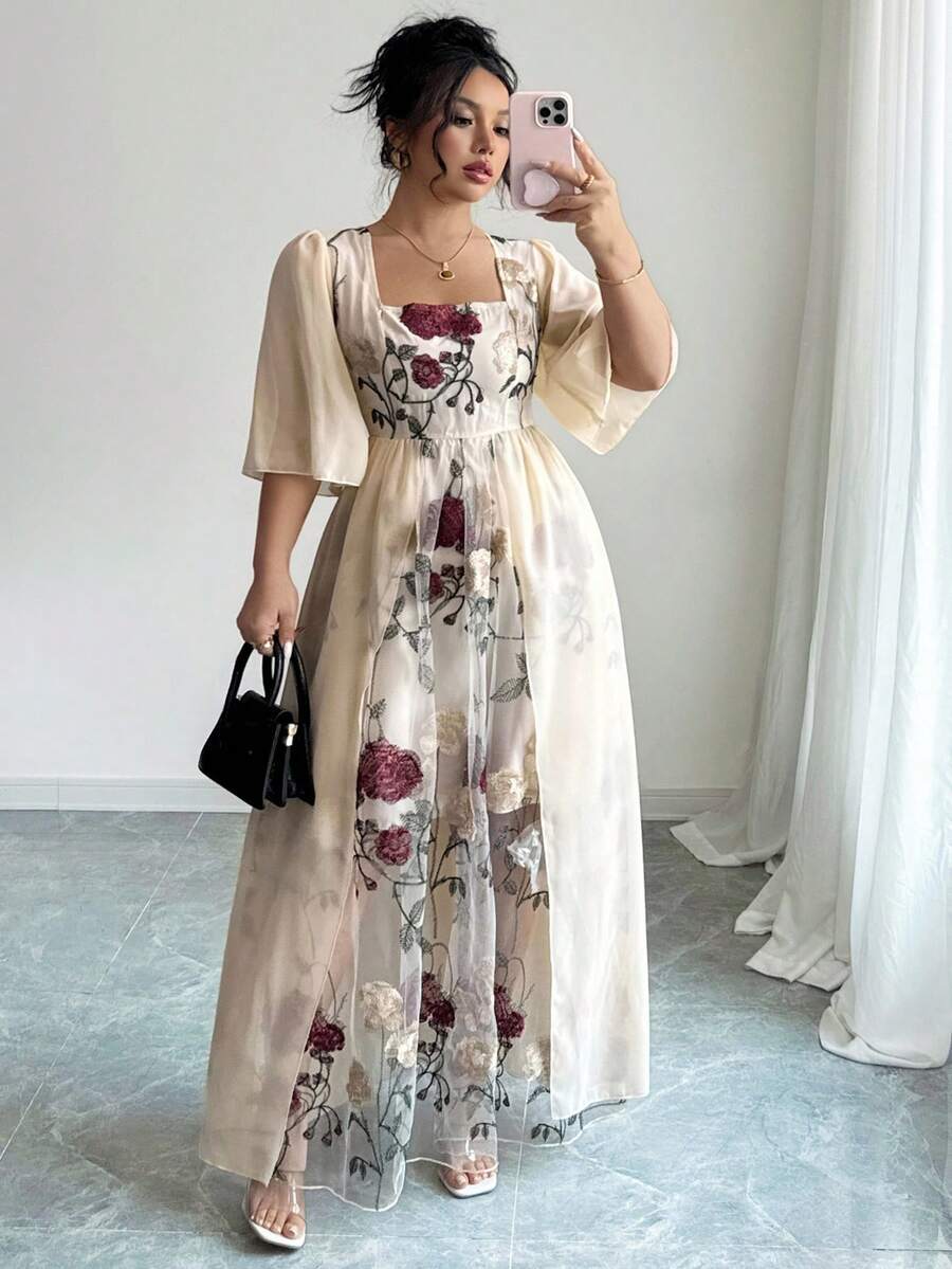 SHEIN Clasi Váy Celure cỡ lớn thêu hoa cổ chữ V thanh lịch, thường ngày cho mùa xuân/hè