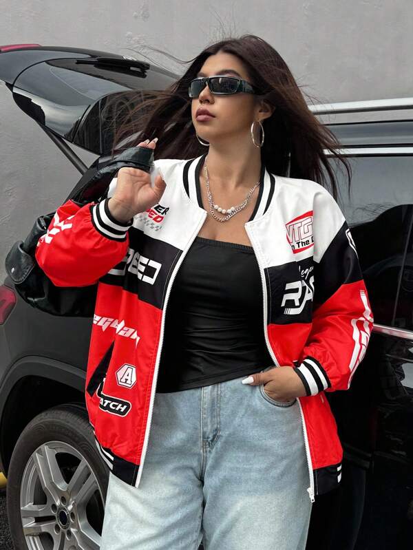 Muchica Plus Size Fashion Street Casual Outdoor Zip-Up Long Sleeve Jacket For Women Racing Jacket Women Motorcycle Jacket Women Streetwear For Women Winter Fall Autumn