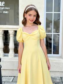 SHEIN 女童浅蓝色格子方领泡泡袖收腰A字长款短袖连衣裙