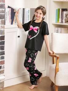 可爱珍珠心形蝴蝶结印花女童睡衣 - 黑色 - 查看 3