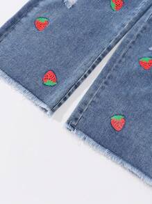 Tween Girl Dark Wash Blue Distressed Strawberry Print Wide Leg Jeans Strawberry Jeans ,Y2K Style Summer Holiday Fall Winter - Medium Wash - View 4