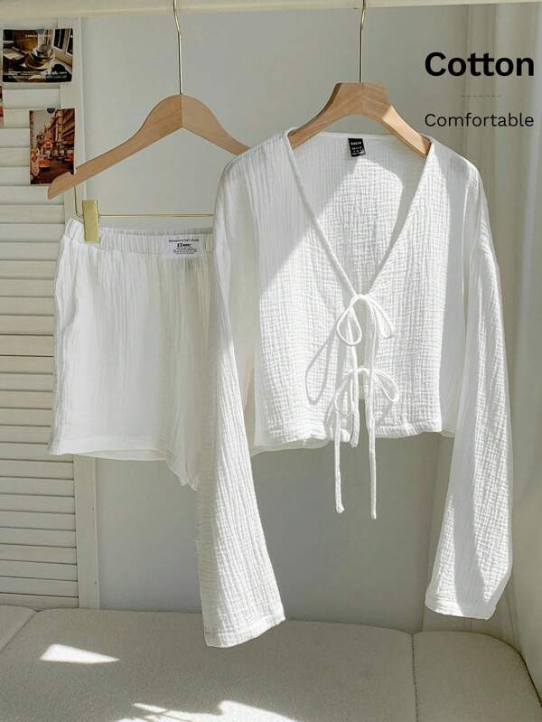Comfortcana Summer Women's Poncho Clothing White  Linen Woven Women's Drop Shoulder Front Center Tie Bow Long Sleeve Shirt And Shorts Casual Two-Piece Set  Country Concert Outfit Beach Outfits