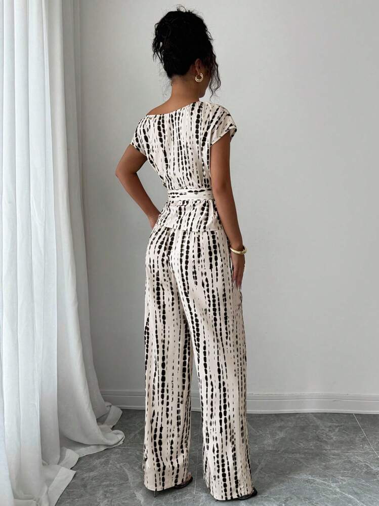 Elenzga Conjunto de verano para mujer, cuello asimétrico, manga tipo murciélago, cintura con cordón, pantalones ajustados, tejido de punto estampado, elegante y versátil estilo joven - Multicolor - Añade 2