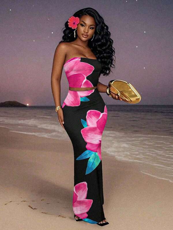Slaydiva 2025 Frühling/Sommer Lässig Minimalistisches Blume Muster Bandeau-Top & Shorts Set, geeignet für Urlaub, Party und Land