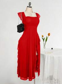 SHEIN ICON 加大码方领荷叶边修身连衣裙，适合婚礼、派对、婚礼宾客、浪漫春季装扮 - 紅色 - 查看 9