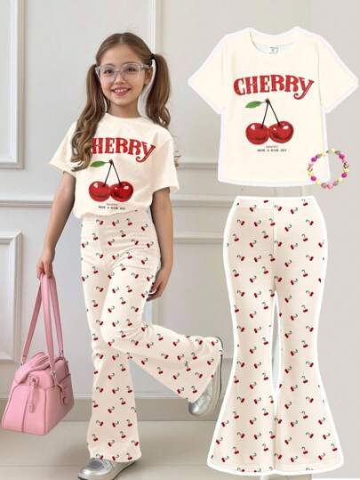 SHEIN 2pcs/Set Cream White Vintage Cute Mini Cherry Pattern, Young Girl Casual Minimalist Cartoon Graphic Round Neck Short Sleeve T-Shirt And Flare Pants Outfit, Suitable For Summer, Autumn Cherry Girls Clothes Cherry Kids Outfit Teen Girl Matching Set Girls Cherry Outfit Kids Cherry Set