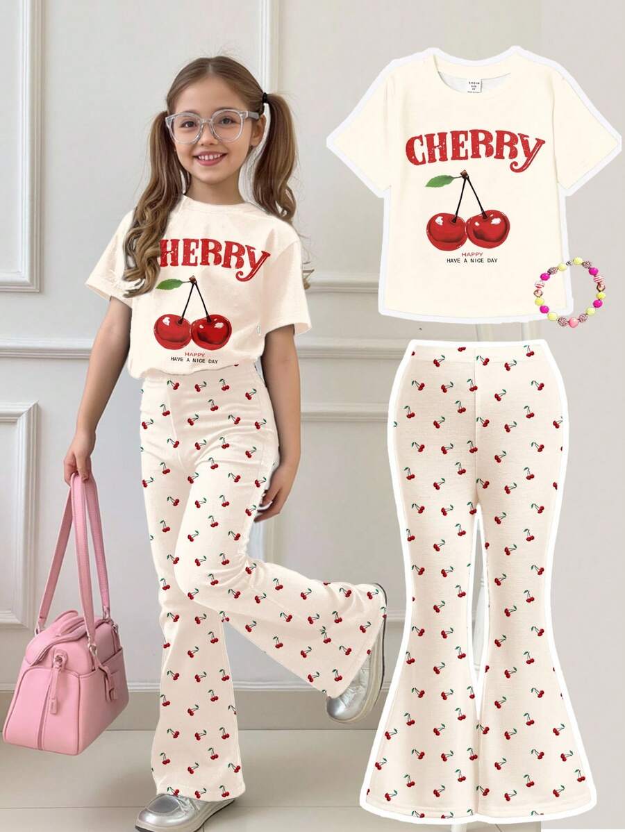 SHEIN 2pcs/Set Young Girl Vintage Cute Cherry Pattern Round Neck Short Sleeve T-Shirt And Flare Pants Outfit,Suitable For Summer,School,Back-To-School - Multicolor - View 1