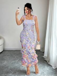 Elenzga 大码女式3D花卉印花淑女海滩度假连衣裙 - 紫色 - 查看 6
