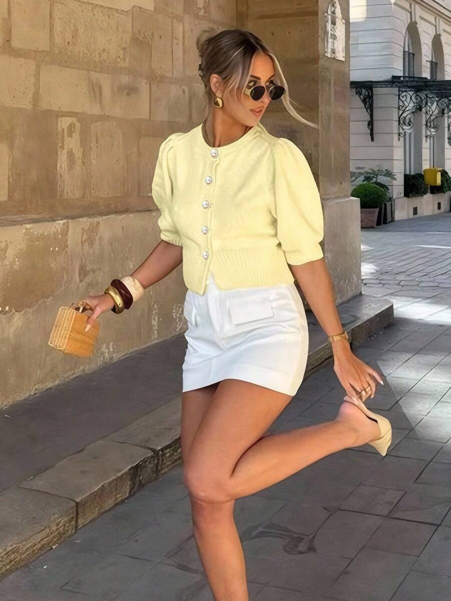 Elenzga Summer Vacation Yellow Pearl Button Puff Sleeve Cardigan - Yellow - View 1