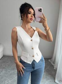 Elenzga Women's Fashionable High-Quality Solid Color Top Jacket, Professional Commuter Style Open Front Faux Pocket Waistcoat Top - White - View 4